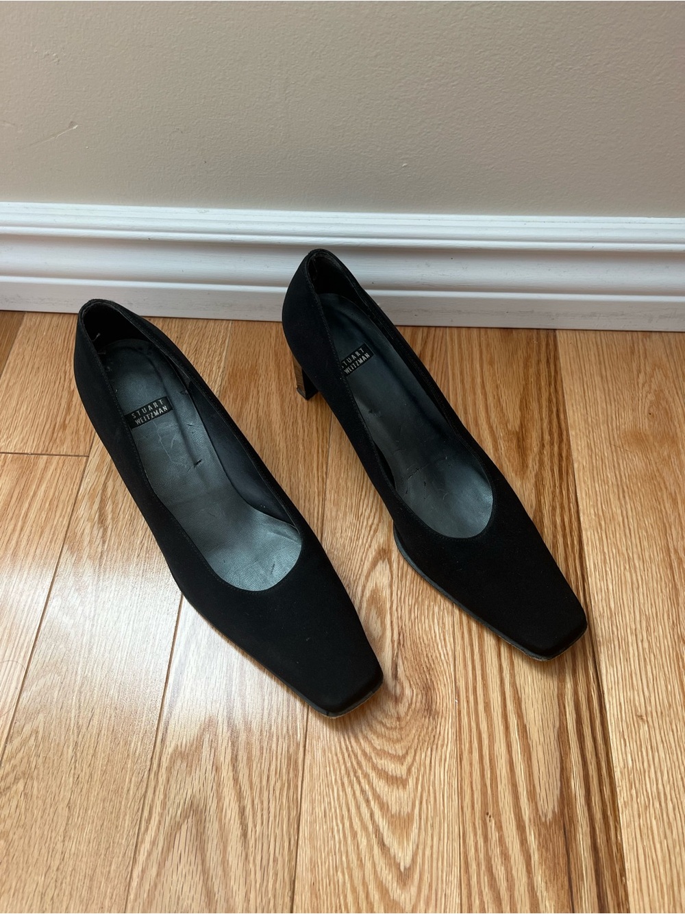 Stuart Weitzman Black Square-Toe Mid Heel Pumps